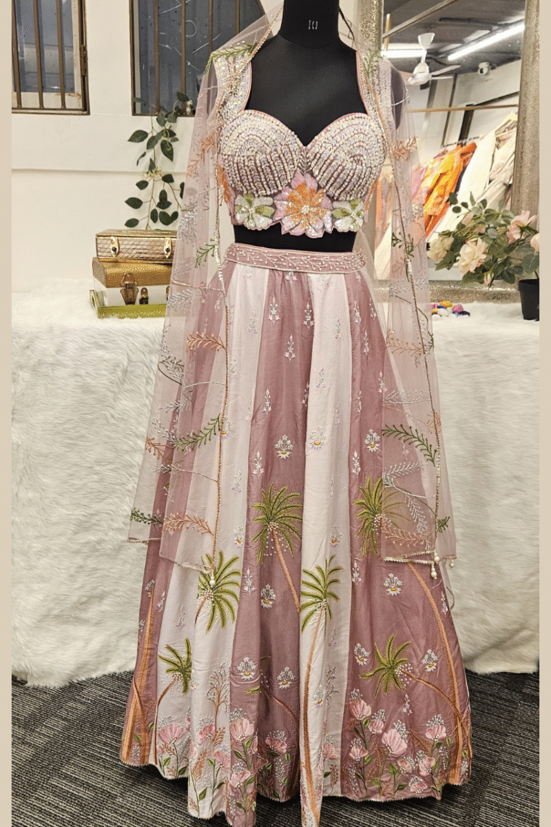 Elegant Mauve Silk Lehenga Set With Handwork
